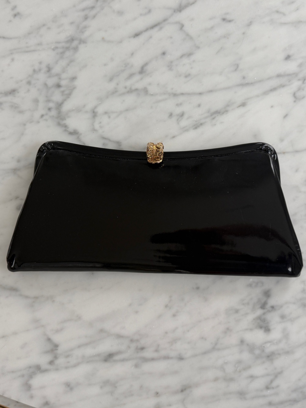 Vintage Black Patent Clutch with Gold Accent